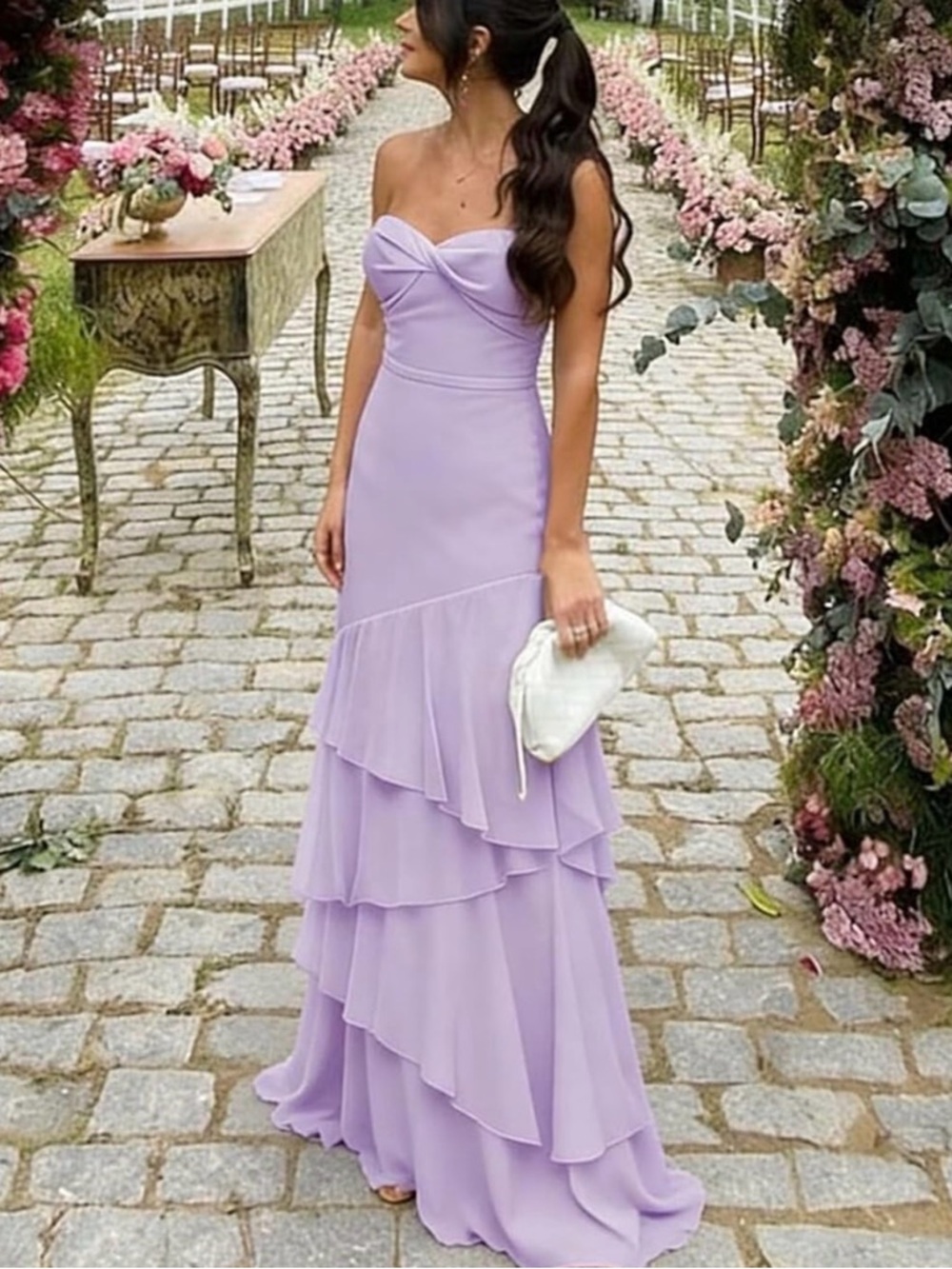 Strapless Lilac Ruffle-Tier Evening Dress